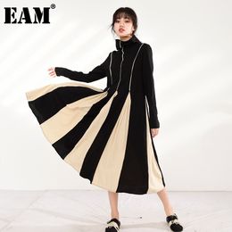 [EAM] Women Contrast Colour Black Long Dress Turtleneck Long Sleeve Loose Fit Fashion Autumn Winter 1DD215301 21512