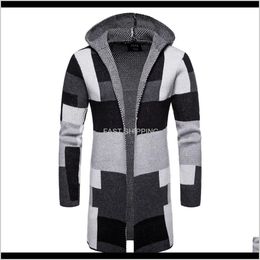 Wool Blends Outerwear Apparel Mens Casual Open Front Long Colour Block Sweater Winter Warm Patchwork Coats Cardigan Hooded Knit Coat Fa