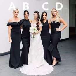 Black Mermaid Bridesmaid Dresses Plus Size Off the Shoulder Satin Halter Floor Length Custom Made Maid of Honor Gown African High Low Wedding Party Wear vestidos M02