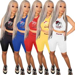 Summer Women Tracksuits Cartoon Letter Print Short Sleeve T-shirt + Shorts Two Pieces Jogger Sets Yoga Outfits Gym Clothes Plus Size 610