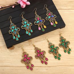 Geometric Metal Retro Indian Jhumka Earrings For Women Ethnic Exaggerated Colrful Rhinestone Long Tassel Dangle Jewelry Bohemian