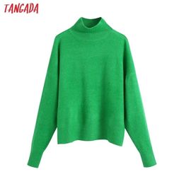 Tangada Women Green Turtleneck Knitted Sweater Jumper Female Elegant Oversize Pullovers Chic Tops BE334 211103