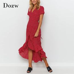Women Bohemian Summer Long Dresses Floral Print Ruffles Split Maxi Dress Short Sleeve Casual Sundress Beach Dress 210414