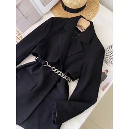 Women's Suits & Blazers Black Suit Jacket 2021 Commuter Design Feeling Niche Belt Autumn And Winter Windbreaker Chain