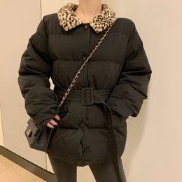 Warm Black Patchwork Leopard Sashes Winter Women Casual Jacket Fresh Thick Outwear Slender Chic Loose Brief Jackets 210421