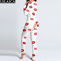 Fashion Women Clothing Lips Printing Home Style Jumpsuits for Long Sleeve Hollow Out Casual Abbigliamento Donna 210515