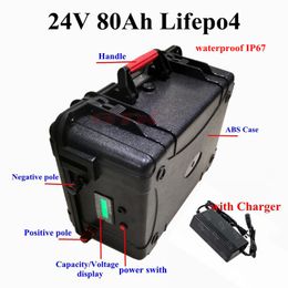 24V 80Ah Lifepo4 lithium battery with waterproof suitacase voltage/percentage display for electric boat motorbike +10A Charger