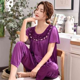 Summer women's plus big size ice silk short sleeve pants sexy home wear Pyjamas two piece set 5XL 220kg 210330