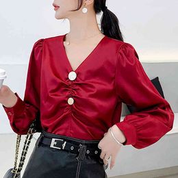 Korean Tops V-collar Chiffon Shirt Retro Long Sleeve Blouse Shirts Autumn Fashion Fold Silk Surface Casual Women 910F 210420