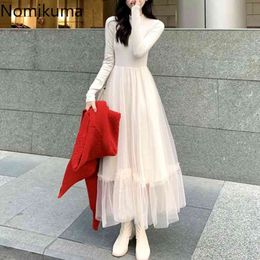Nomikuma Elegant Gauze Patchwork A Line Dress Women Slim Waist Long Sleeve Mid Calf Dresses Fashion Vestidos Mujer 3e035 210514