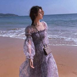 Spring Floral Print Square Collar Slim Chiffon Sweet Dress 2021 Puff Sleeve Kawaii Korean Summer Elegant Party Beach Midi Dress X0521