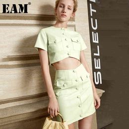 [EAM] Half-body Skirt Short Two Pieces Suit Stand Collar Short Sleeve Green Loose Women Fashion Spring Summer 1DD8774 21512