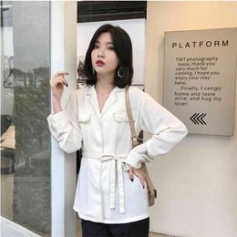 Spring Autumn Korea Fashion Women Long Sleeve Notched Collar Ol White Shirts single-breasted Lacing Loose Blouse Tops S435 210512
