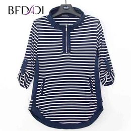 BFDADI Plus size Autumn Long T-Shirts Women Casual Stripe Loose Stand-up collar rolled edge design Tees Tops 4440 210401