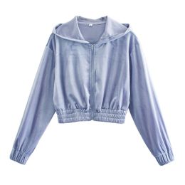 Causal Women Velvet Short Coats Fashion Ladies Zipper Hooded Jacket Sport Female Chic Light Blue Waist-Controlled 210430