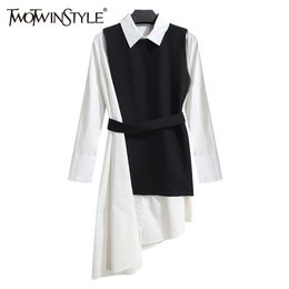 Shirt Dress Women's Suit Two Piece Set Long Sleeve Lace Up Black White Asymetrical Vest Female Clothes Korean 210520