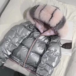 real fur collar winter silver down jacket women white duck hooded coat ladies chic double-sided oversize outwear 210520