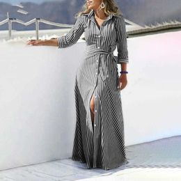 Summer Women's Dress Temperament Lapel Neck High Waist Blue Striped Cardigan Dress Elegant Long Sleeve Buttons Shirtdress 210712