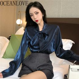 Office Lady Women Shirts Solid Work Fashion Autumn Long Sleeve Blouses Bow Lace Up Blusas Mujer Tops 17657 210415