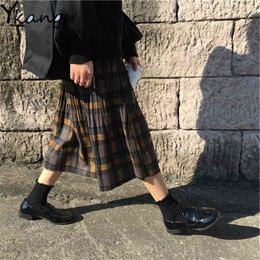 Plus Size 3XL Vintage Plaid Pleated Long Skirts Elastic High Waist Winter Women Korean Woolen Autumn Streetwear Midi 210421