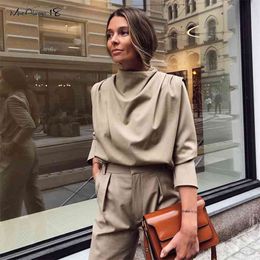 Mnealways18 Draped Solid Khaki Tops And Blouses Spring Elegant Office Blouse Women Ruched Work Top Long Sleeve Ladies Shirt 210719