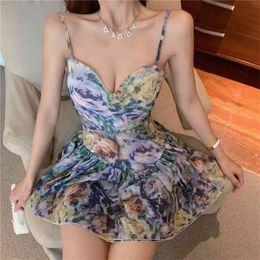 Summer Slip Dress Korean Fashion Sundress Sexy Floral Casual Ruched Beach Patchwork Women Clothing 210529