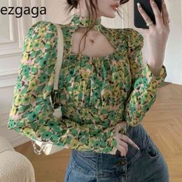 Ezgaga Sexy Women Blouse Fashion Long Sleeve Spring French Style Floral Printed Slim Hollow Out Female Shirts Elegant 210430