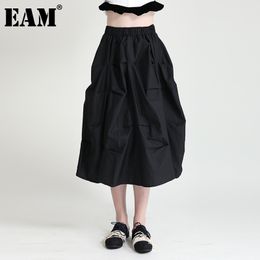 [EAM] High Elastic Waist Black Pleated Temperament Long Half-body Skirt Women Fashion Spring Summer 1DD8673 21512