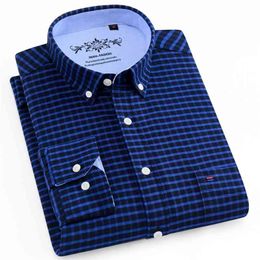 Men's Chequered Button-down Long Sleeve Oxford Shirts Pocket Comfortable Regular-fit Contrast Plaid/Striped Printed Casual Shirt 210708