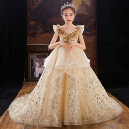 Ball Gown Toddler Girls Pageant Dresses Lace Appliqued Long Tail Flower Girl Dress Crystals Tulle First Holy Communion Gowns 403