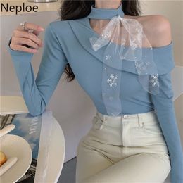 Neploe Shirts for Women Sexy Lady White Off Shoulder Top Korean Gauze Bowknot Patchwork Tees Long Sleeve Chic T Shirts Femme 210422