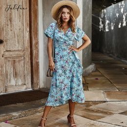 Summer Long Dress Women Casual Floral Ruffle Dresses Lace-Up Cardigan New Arrival Flower Fitted Midi Clothes Red For Women 210415