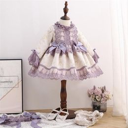 Court Style Spring Baby Girls Long Sleeve Bowknot Floral Dresses Kids Girl Princess Clothing + Hair Band 210521