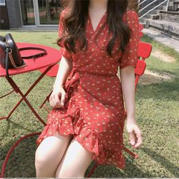 floral print red Summer Women Dress Knee-Length Short Sleeve es Femme Elegant es V Neck Robe Vestido 210423