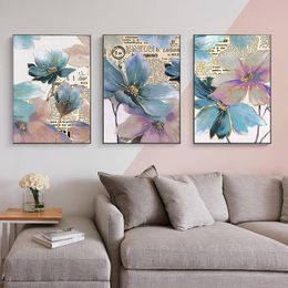 Nordic Style Art Cuadros Prints Wall Decorations Canvas Paintings Pink Blue Flowers Poster Gold Lines Floral Room Home Decor