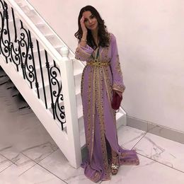 Lavender Moroccan caftan Evening Dresses Long Sleevees Lace Muslim Special Occasion Dress Luxurious Crystal Party Gown