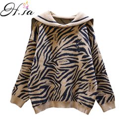 H.SA Women Sweaters Big Collar Neck Letters Casual Oversized Sweater and Pullovers Leopard Korean Chic Tops clothes 210417