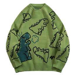 Harajuku Knitted Sweater Pullover Streetwear Cartoon Dinosaur Pattern Sweater Hip Hop Streetwear Spring Casual Tops Green 210809