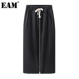 [EAM] High Elastic Waist Black Zipper Strap Pocket Casual Half-body Skirt Women Fashion Spring Autumn 1DD7462 210512