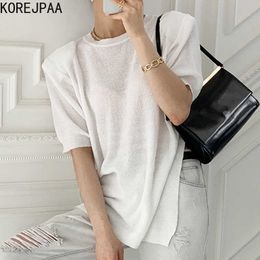 Korejpaa Women T-Shirt Summer Korean Chic All-Match Round Neck Loose Simple Solid Color Casual Short-Sleeved Knitted Top 210526