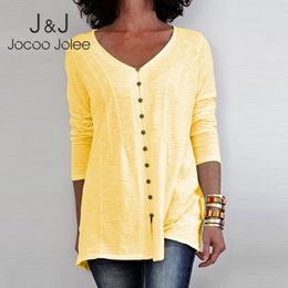 Jocoo Jolee Elegant Cotton Slim Tops Women Casual Long Sleeve V Neck Button Blouse Plus Size 3XL Tee Shirts Solid Shirt 210518