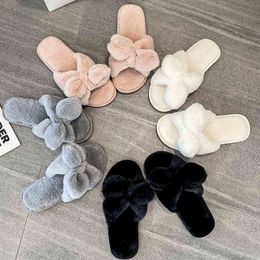 Sell Well Women Fur Slippers Indoor Diy Bow-knot Cute Bunny Ears Dign Faux Warm Psh Shoes Home Ladi Bedroom