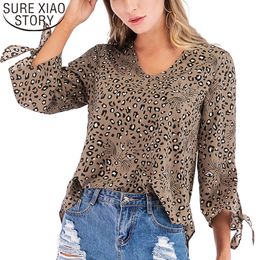 Korean Fashion Clothing Chiffon Three Quarter Bow Leopard V-Neck Blouse Shirt Women Shirts Ladies Tops 3366 50 210415