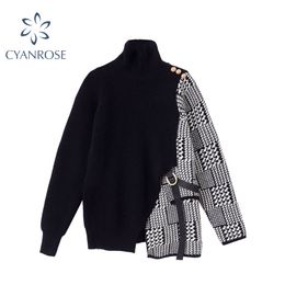 Winter Women Sweaters Plaid Patchwork Irregular Loose Long Sleeve Design Jumpers Turtleneck Sweater Pullover Female Thicken Tops 210417