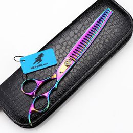 superior quality NEPURLSON 8.0 inch fishbone thinning scissors 440C material rainbow handle with leather case