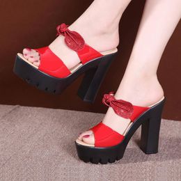 Slippers Plus Size 32-43 Block Heels Summer Wedding Shoes Women 2021 Bow High Heel Slides Ladies Patent Leather