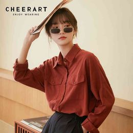 Brick Red Fall Long Sleeve Shirt Women Top And Blouse Autumn Button Up Collar Loose Casual Korean Style 210427