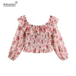 Sweet Fashion Floral Print Ruffles Elastic Cropped Blouses Stylish Sexy Slash Neck Shirts Girls Chic Tops 210520