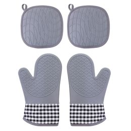 Silicone Oven Mitts Pads Pot Holders Sets Quilted Liner Heat Resistant Kitchen Mitt Waterproof Flexible Gloves for Cooking Baking Grilling CGY49