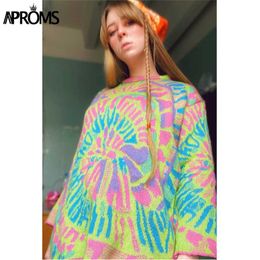 Aproms Elegant Multi Color Print Oversized Sweater Women Spring Stretch Knitted Pullovers Streetwear Fashion Loose Jumpers 211018